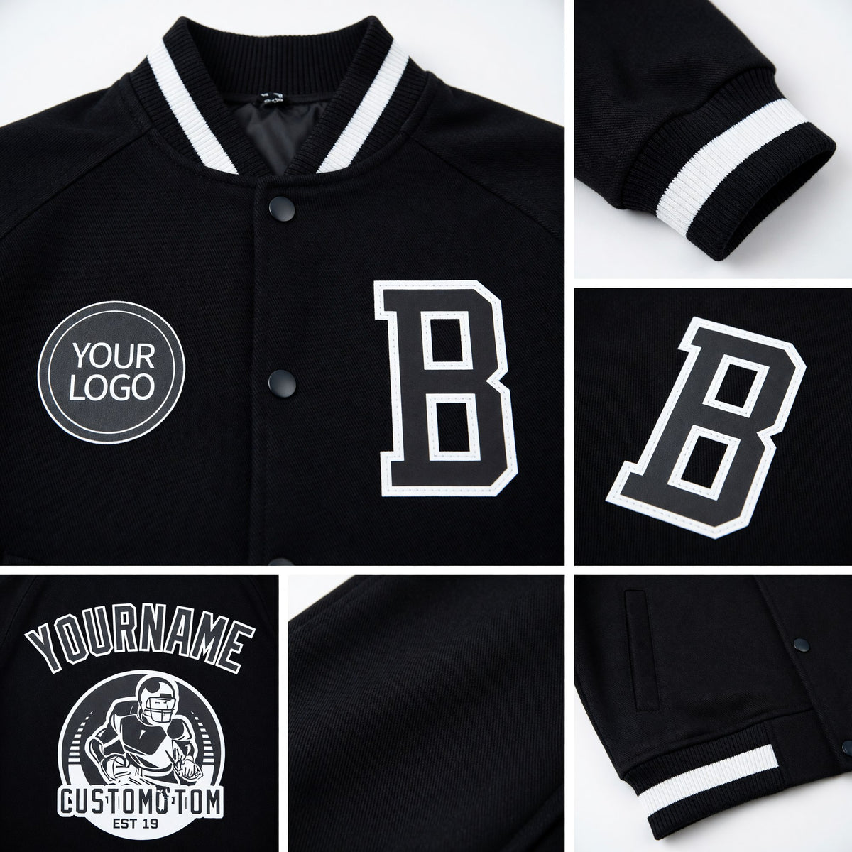 Custom Black White Bomber Varsity Letterman Zipper Jacket detail