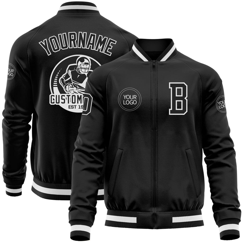Custom Black White Bomber Varsity Letterman Zipper Jacket photo 1