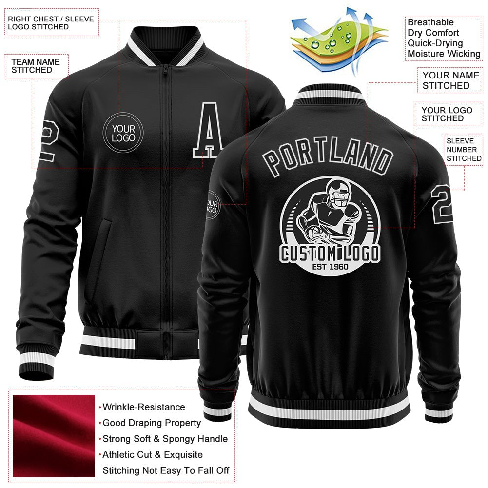 Custom Black White Bomber Varsity Letterman Zipper Jacket photo 4
