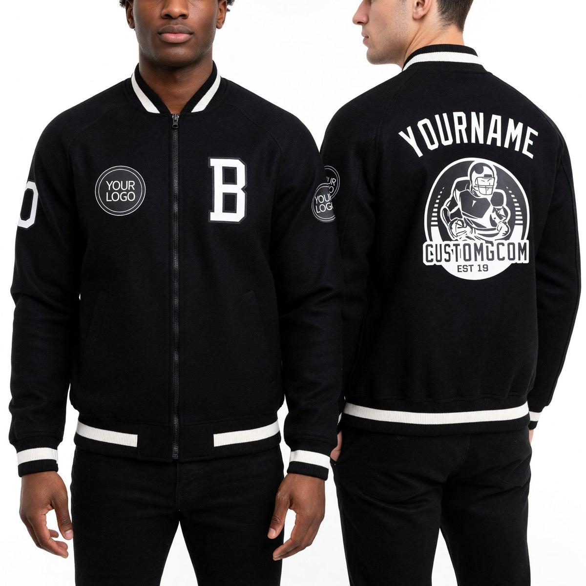 Custom Black White Bomber Varsity Letterman Zipper Jacket worn front and back