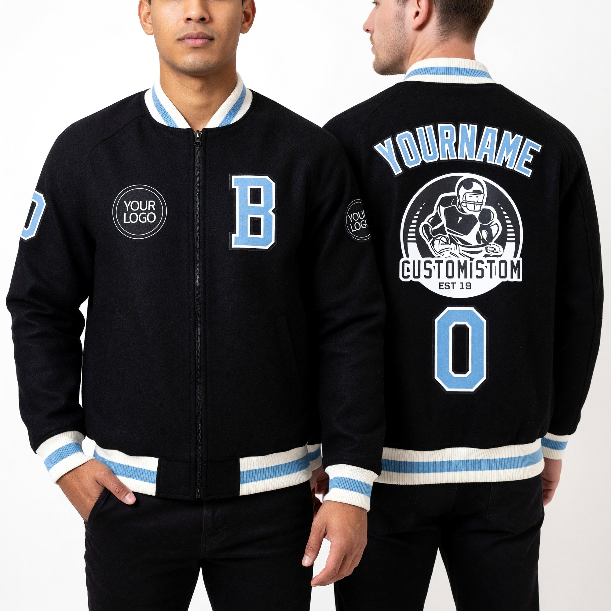 Custom Black Light Blue-White Bomber Varsity Letterman Zipper Jacket worn front and back