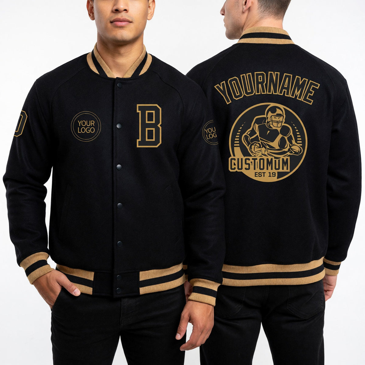 Custom Black Old Gold Bomber Varsity Letterman Zipper Jacket worn front and back