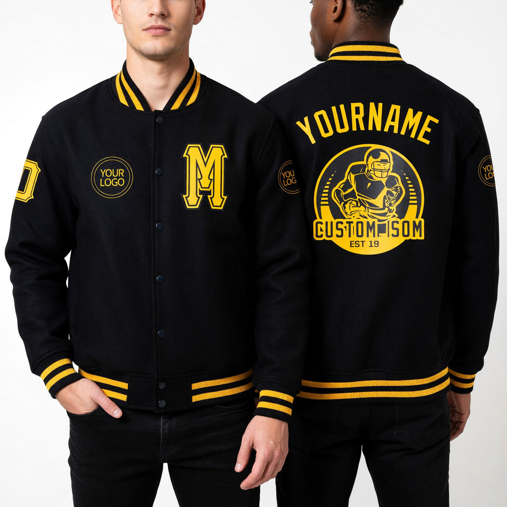 Custom Black Gold Bomber Varsity Letterman Zipper Jacket worn front and back