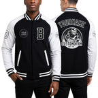 Custom Black White Bomber Varsity Letterman Two Tone Zipper Jacket worn front and back