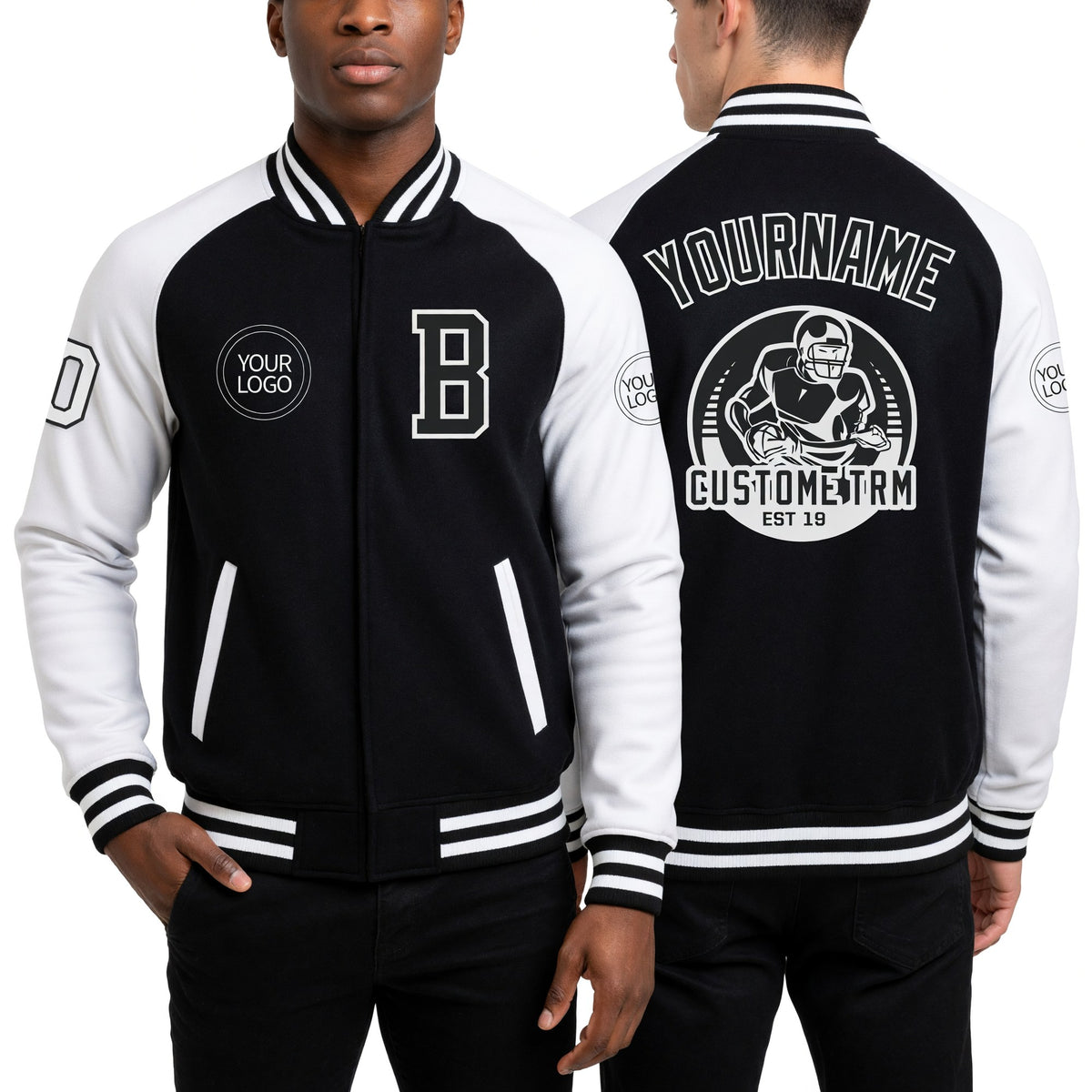 Custom Black White Bomber Varsity Letterman Two Tone Zipper Jacket worn front and back