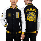 Custom Black Gold-White Bomber Varsity Letterman Two Tone Zipper Jacket worn front and back