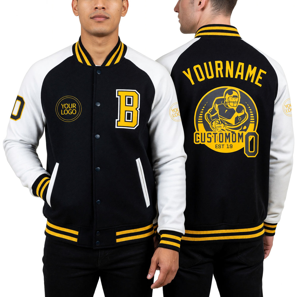 Custom Black Gold-White Bomber Varsity Letterman Two Tone Zipper Jacket worn front and back