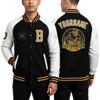 Custom Black Old Gold-White Bomber Varsity Letterman Two Tone Zipper Jacket worn front and back