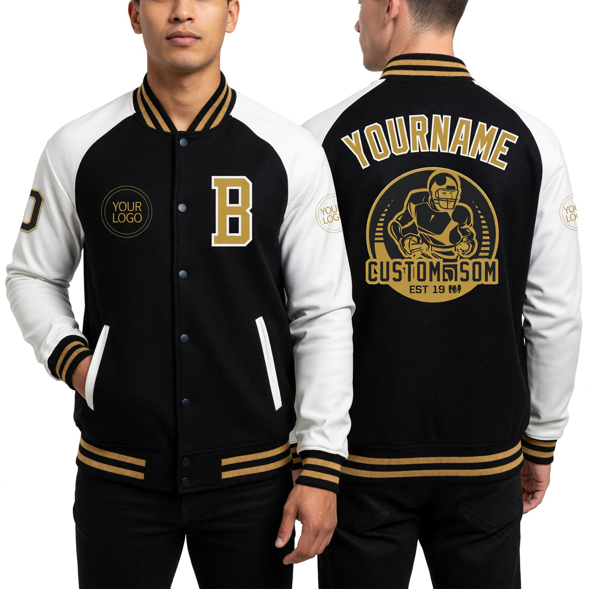 Custom Black Old Gold-White Bomber Varsity Letterman Two Tone Zipper Jacket worn front and back
