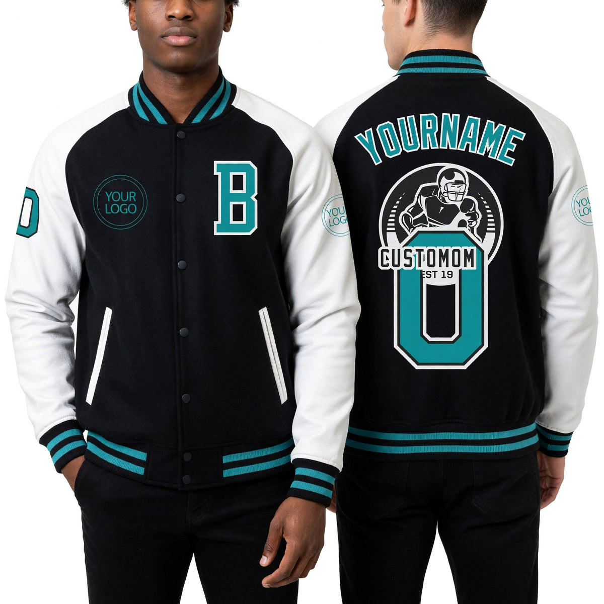 Custom Black Teal-White Bomber Varsity Letterman Two Tone Zipper Jacket worn front and back