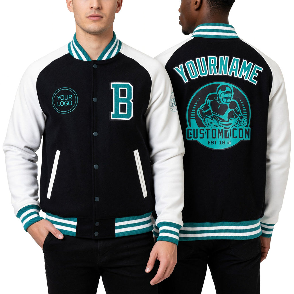 Custom Black Aqua-White Bomber Varsity Letterman Two Tone Zipper Jacket worn front and back
