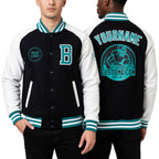 Custom Black Aqua-White Bomber Varsity Letterman Two Tone Zipper Jacket worn front and back