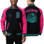 Custom Black Teal-Pink Bomber Varsity Letterman Two Tone Zipper Jacket worn front and back