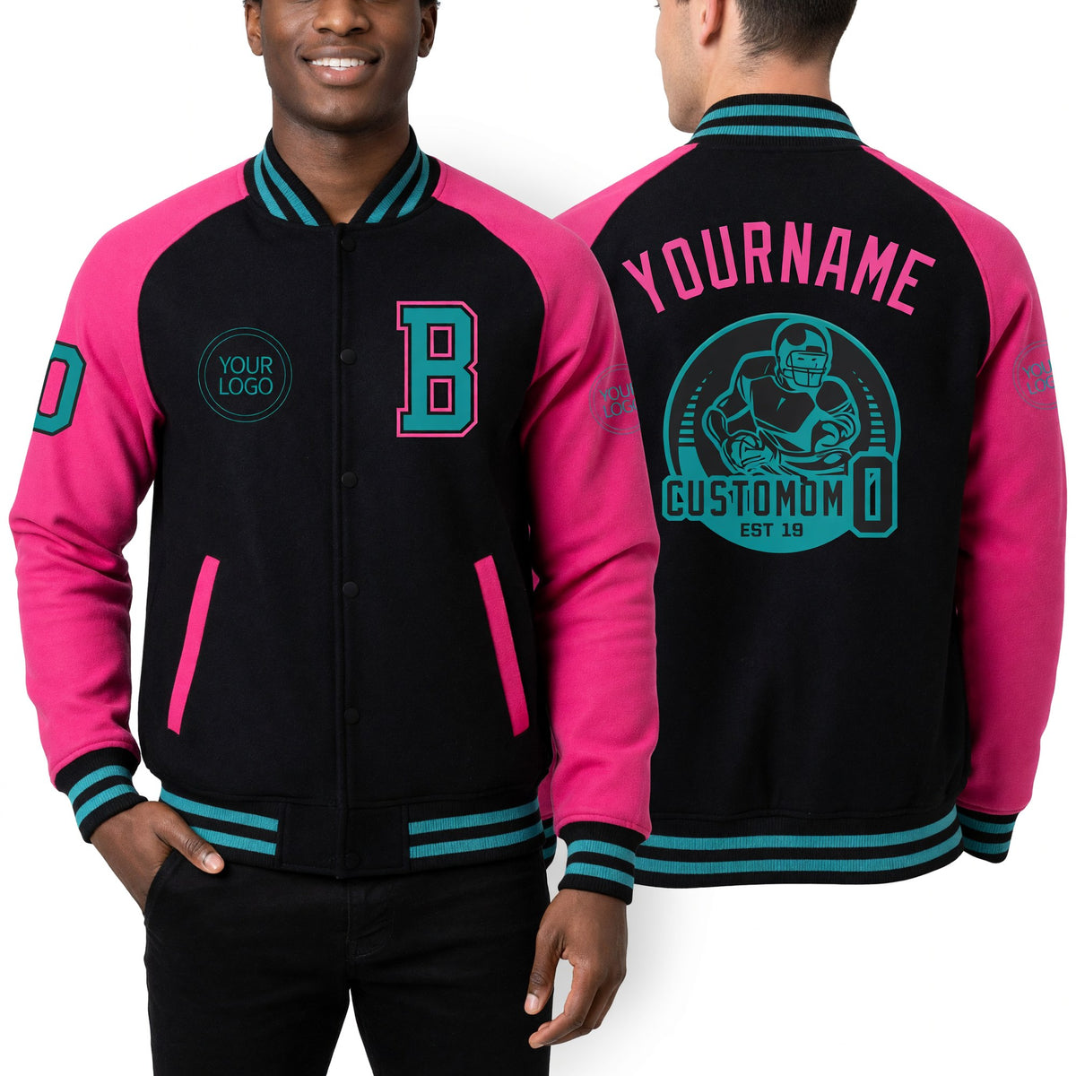 Custom Black Teal-Pink Bomber Varsity Letterman Two Tone Zipper Jacket worn front and back