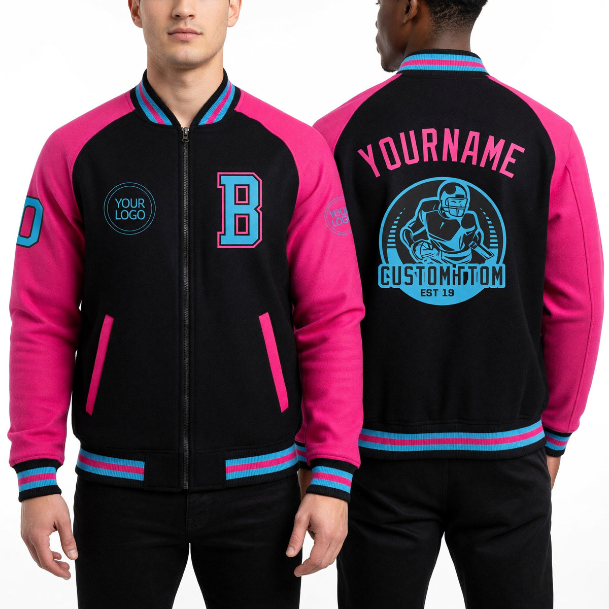 Custom Black Sky Blue-Pink Bomber Varsity Letterman Two Tone Zipper Jacket worn front and back