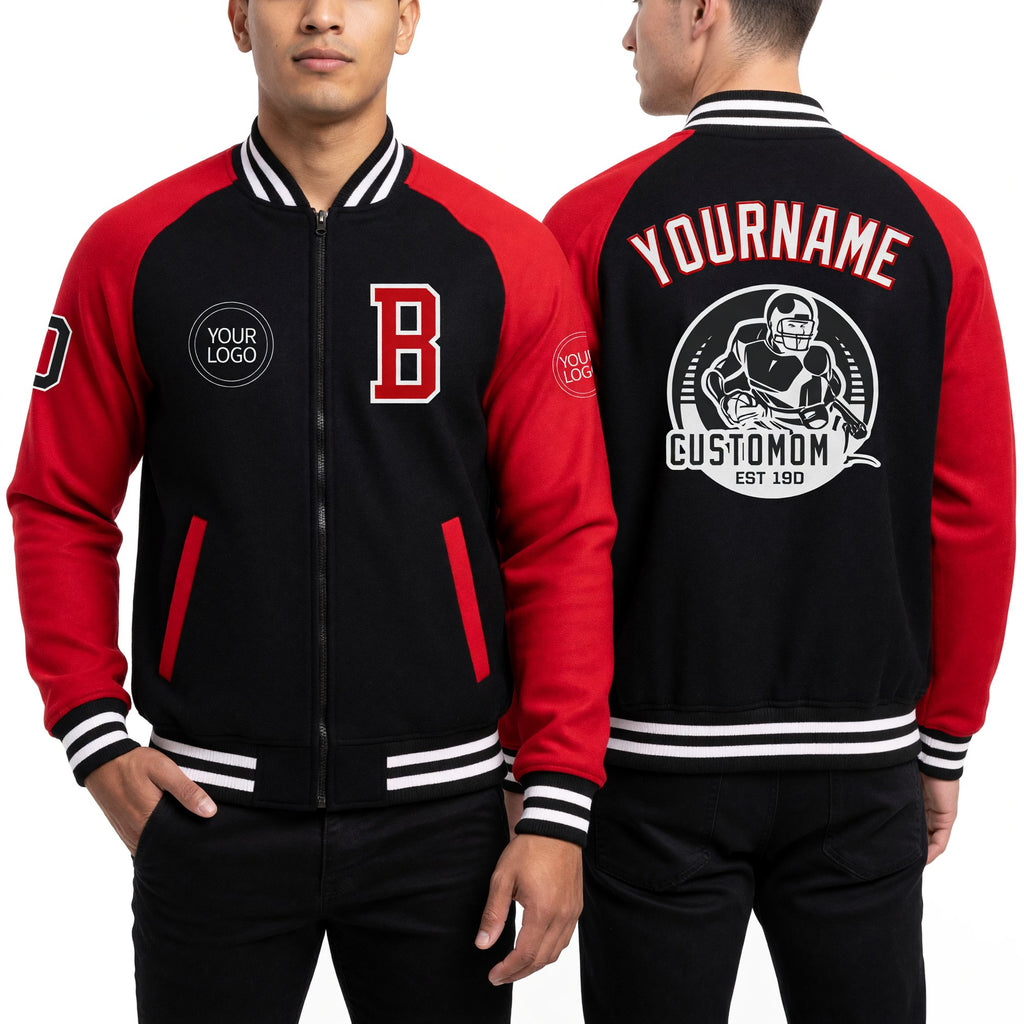 Custom Black Red-White Bomber Varsity Letterman Two Tone Zipper Jacket worn front and back