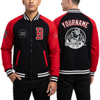 Custom Black Red-White Bomber Varsity Letterman Two Tone Zipper Jacket worn front and back