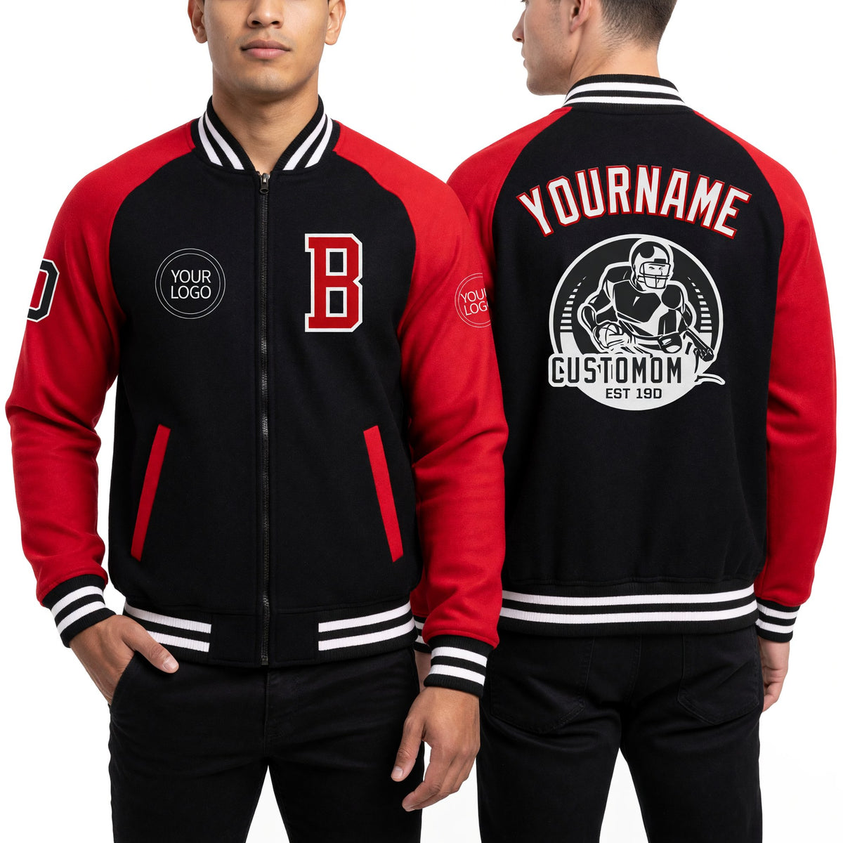Custom Black Red-White Bomber Varsity Letterman Two Tone Zipper Jacket worn front and back