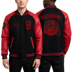 Custom Black Red Bomber Varsity Letterman Two Tone Zipper Jacket worn front and back