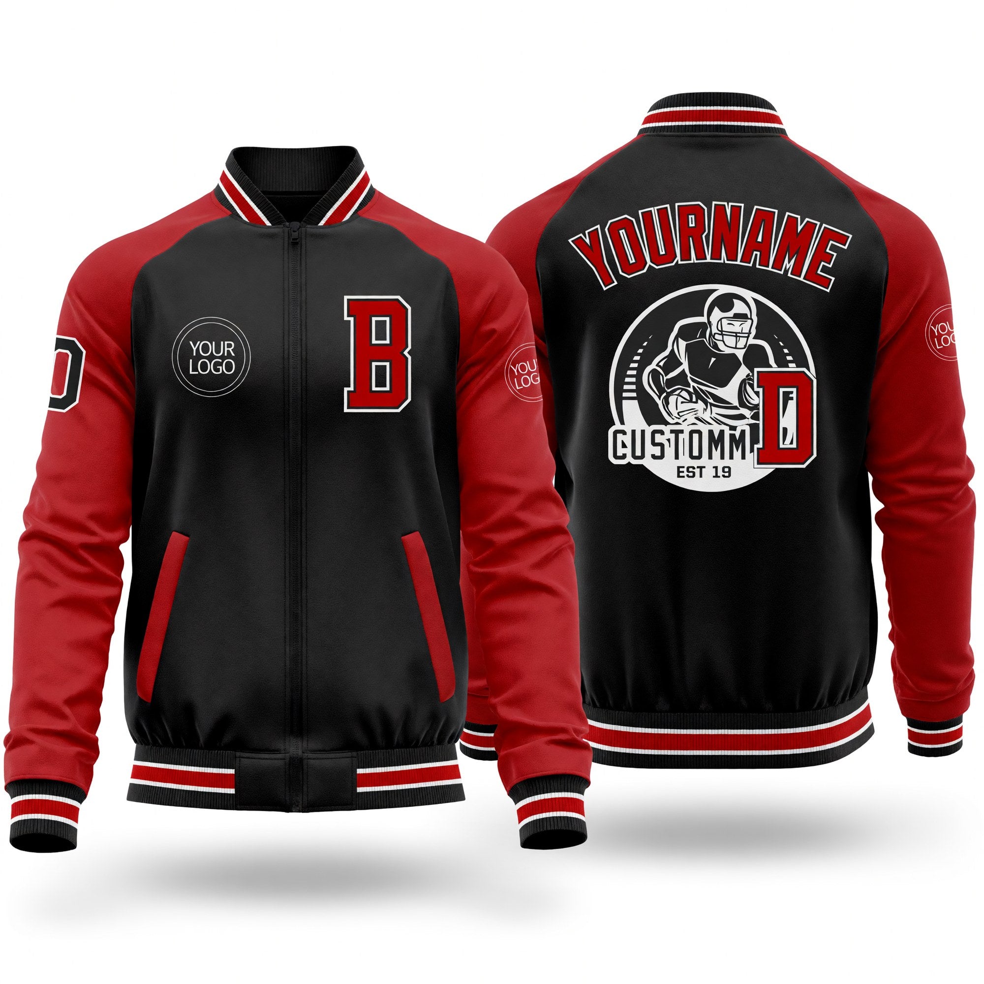 Custom Black Red-White Bomber Varsity Letterman Two Tone Zipper Jacket
