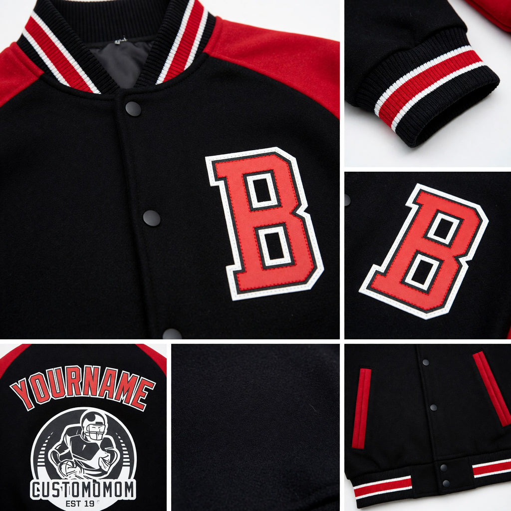 Custom Black Red-White Bomber Varsity Letterman Two Tone Zipper Jacket detail