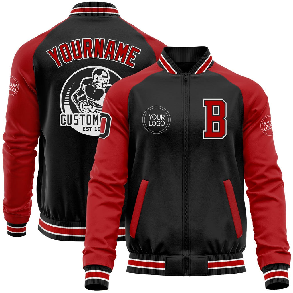 Custom Black Red-White Bomber Varsity Letterman Two Tone Zipper Jacket photo 1