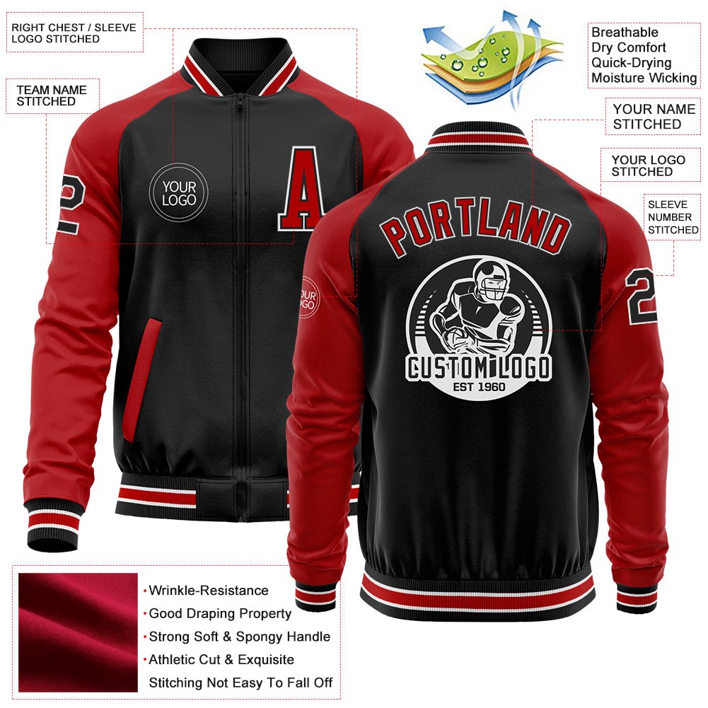 Custom Black Red-White Bomber Varsity Letterman Two Tone Zipper Jacket photo 4