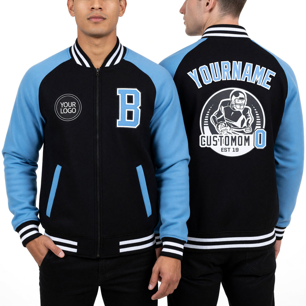 Custom Black Light Blue-White Bomber Varsity Letterman Two Tone Zipper Jacket worn front and back