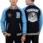 Custom Black Light Blue-White Bomber Varsity Letterman Two Tone Zipper Jacket worn front and back