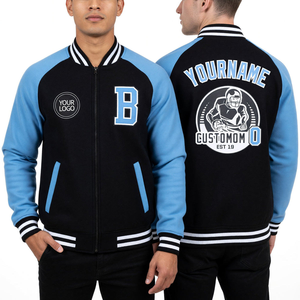 Custom Black Light Blue-White Bomber Varsity Letterman Two Tone Zipper Jacket worn front and back