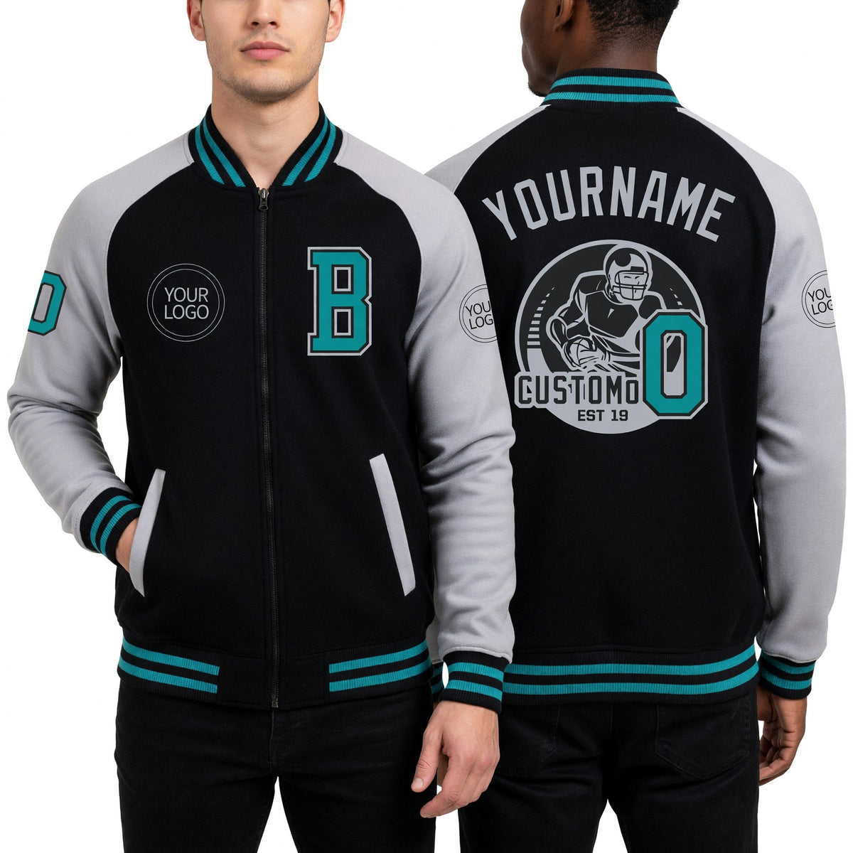 Custom Black Teal-Gray Bomber Varsity Letterman Two Tone Zipper Jacket worn front and back