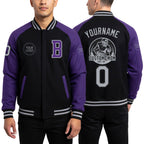 Custom Black Gray-Purple Bomber Varsity Letterman Two Tone Zipper Jacket worn front and back