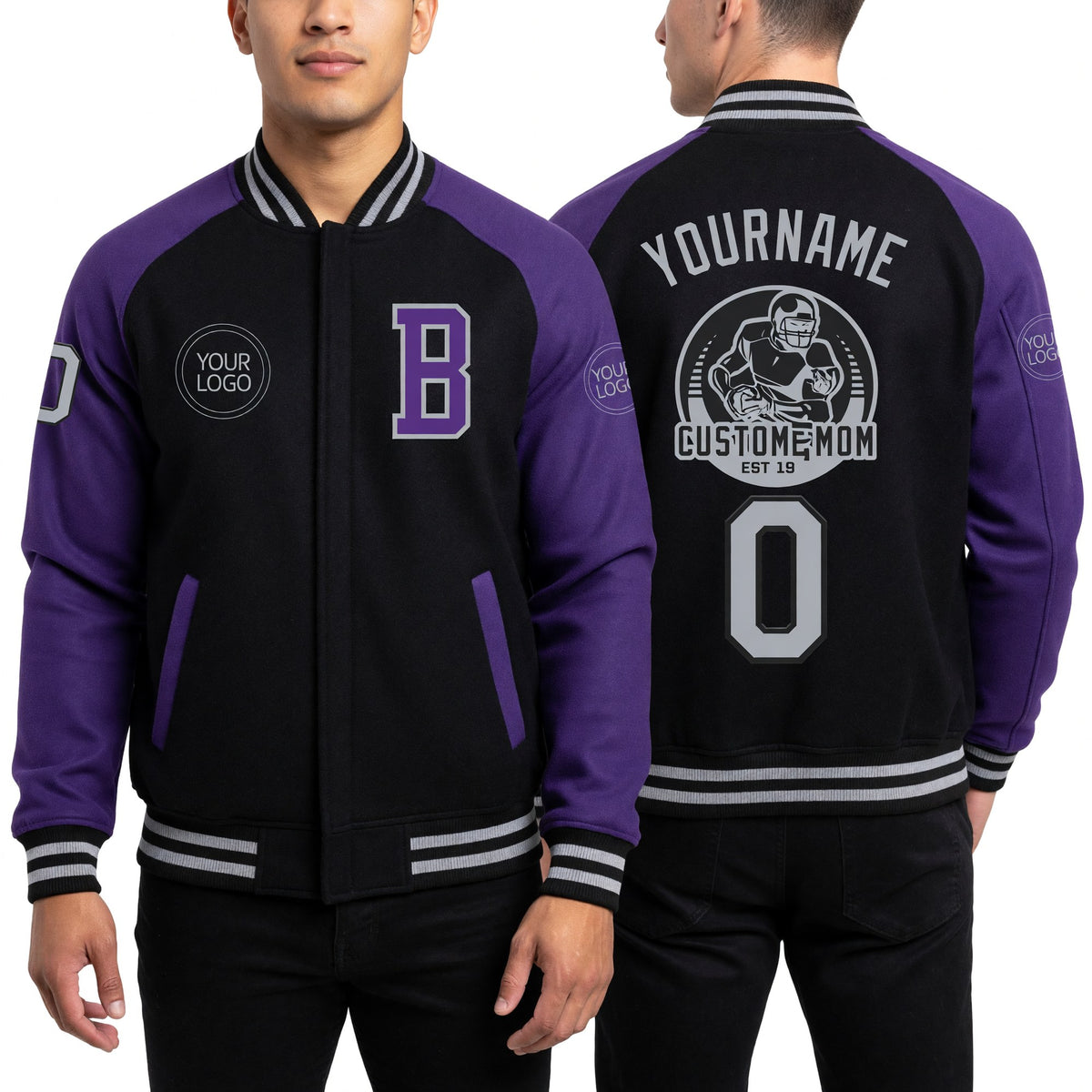 Custom Black Gray-Purple Bomber Varsity Letterman Two Tone Zipper Jacket worn front and back