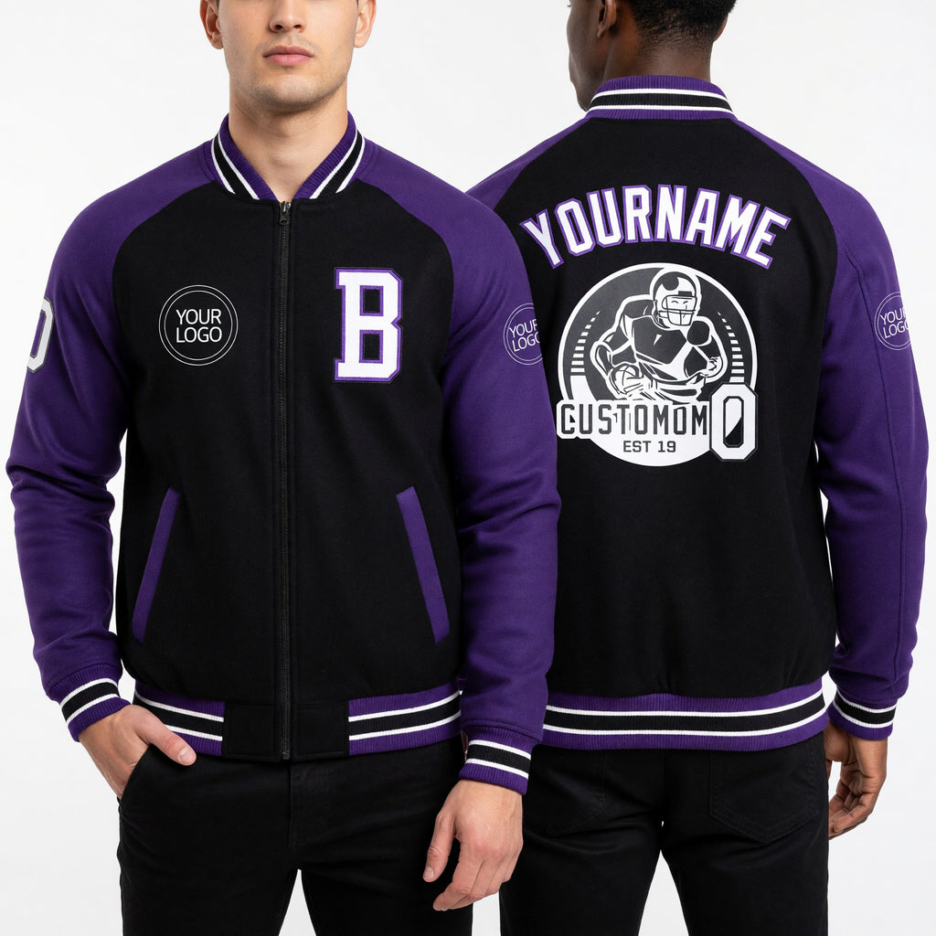 Custom Black White-Purple Bomber Varsity Letterman Two Tone Zipper Jacket worn front and back