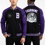 Custom Black White-Purple Bomber Varsity Letterman Two Tone Zipper Jacket worn front and back