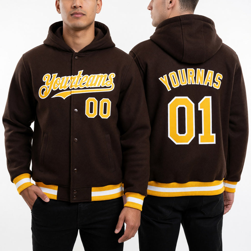 Custom Brown Gold-White Bomber Full-Snap Varsity Letterman Hoodie Jacket worn front and back