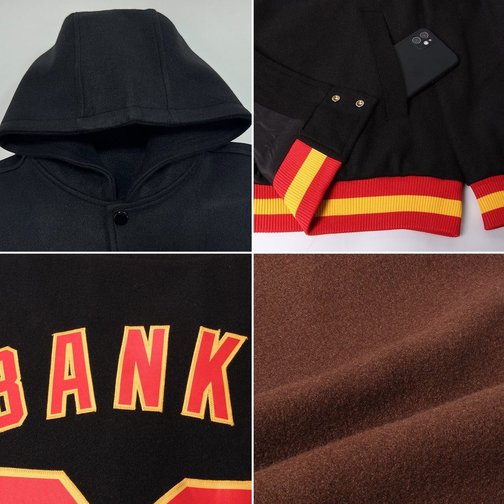 Custom Brown Gold-White Bomber Full-Snap Varsity Letterman Hoodie Jacket photo 2