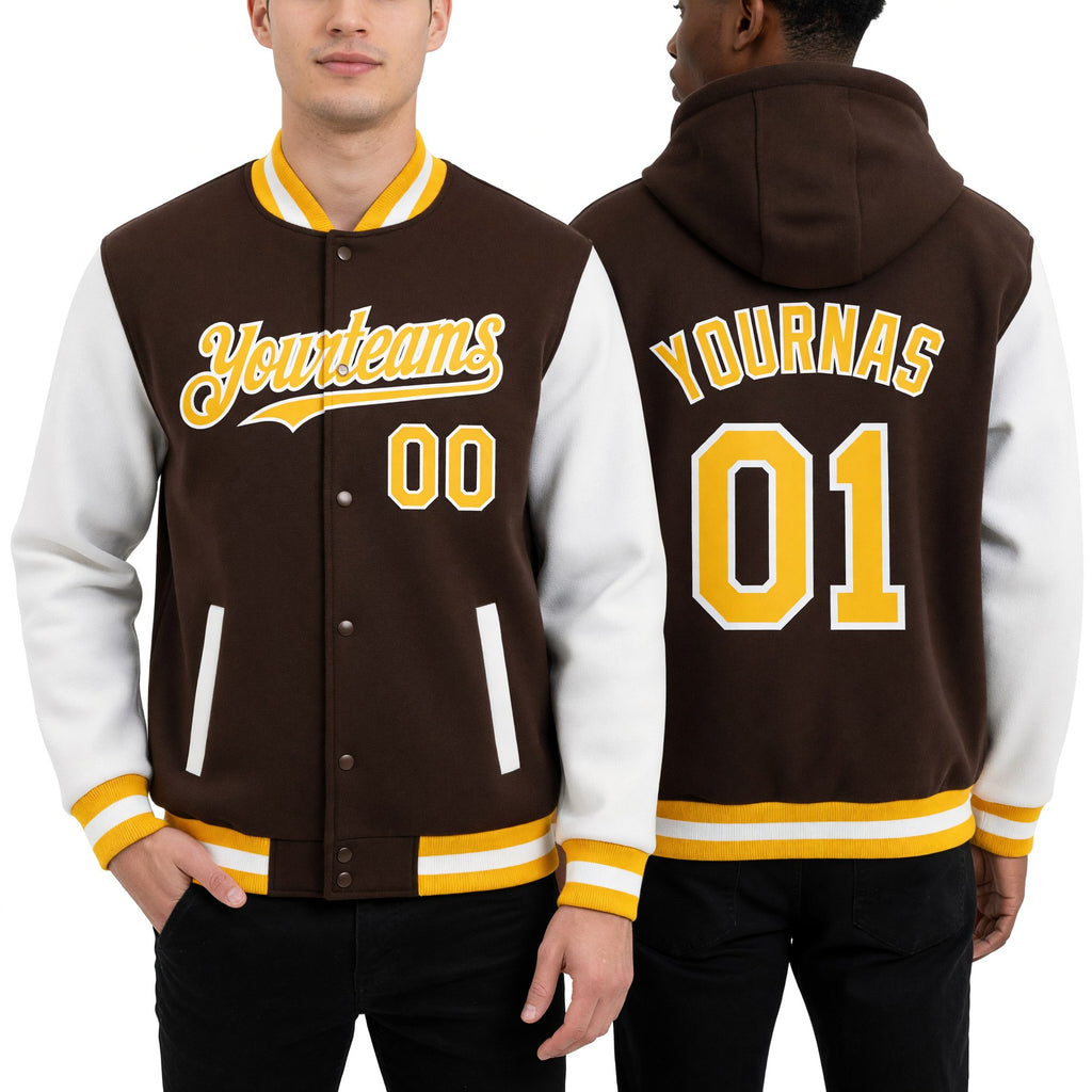 Custom Brown Gold-White Bomber Full-Snap Varsity Letterman Two Tone Hoodie Jacket worn front and back