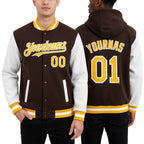 Custom Brown Gold-White Bomber Full-Snap Varsity Letterman Two Tone Hoodie Jacket worn front and back