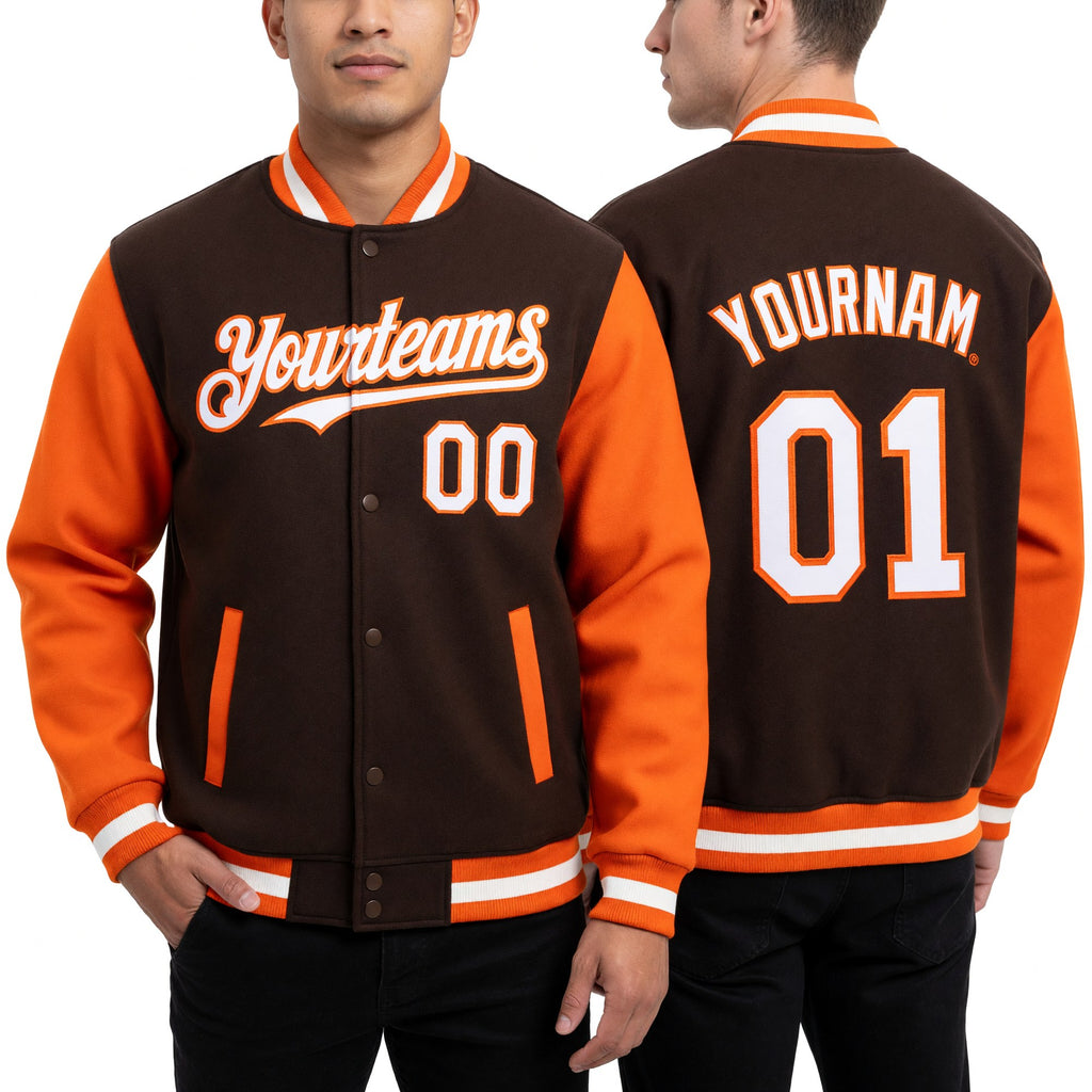Custom Brown White-Orange Bomber Full-Snap Varsity Letterman Two Tone Hoodie Jacket worn front and back