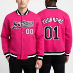 Custom Pink Black-White Bomber Full-Snap Varsity Letterman Hoodie Jacket worn front and back
