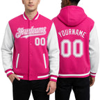 Custom Pink White Bomber Full-Snap Varsity Letterman Two Tone Hoodie Jacket worn front and back