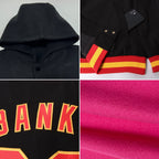 Custom Pink White Bomber Full-Snap Varsity Letterman Two Tone Hoodie Jacket photo 2