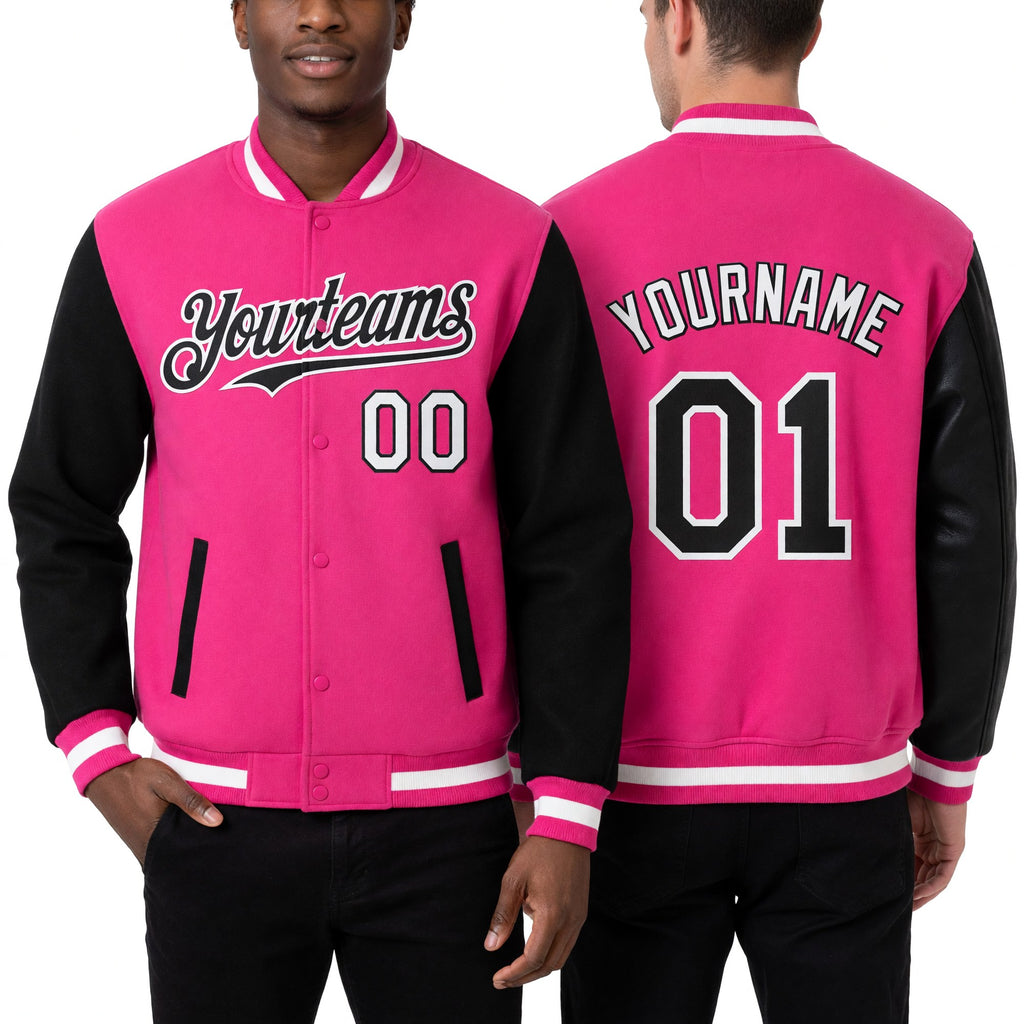 Custom Pink Black-White Bomber Full-Snap Varsity Letterman Two Tone Hoodie Jacket worn front and back