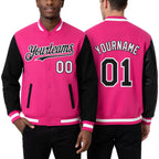 Custom Pink Black-White Bomber Full-Snap Varsity Letterman Two Tone Hoodie Jacket worn front and back