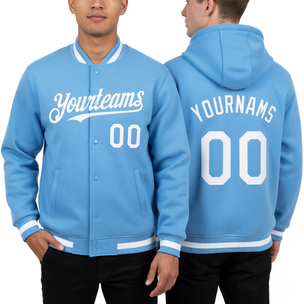 Custom Light Blue White Bomber Full-Snap Varsity Letterman Hoodie Jacket worn front and back