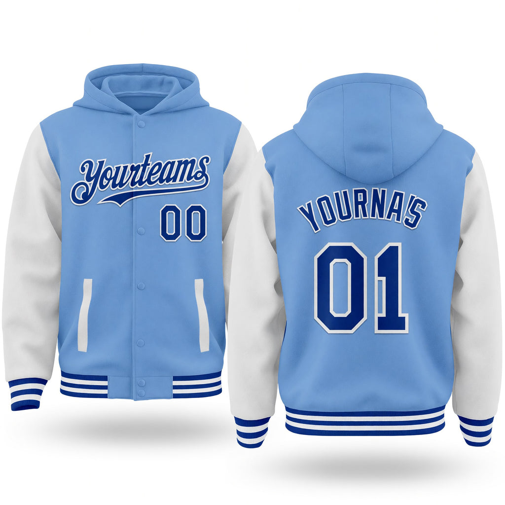 Custom Light Blue Royal-White Bomber Full-Snap Varsity Letterman Two Tone Hoodie Jacket