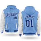 Custom Light Blue Royal-White Bomber Full-Snap Varsity Letterman Two Tone Hoodie Jacket