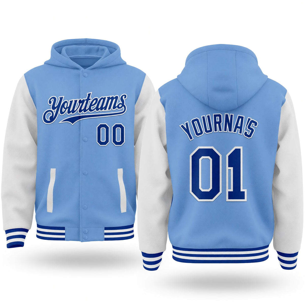 Custom Light Blue Royal-White Bomber Full-Snap Varsity Letterman Two Tone Hoodie Jacket
