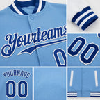 Custom Light Blue Royal-White Bomber Full-Snap Varsity Letterman Two Tone Hoodie Jacket detail
